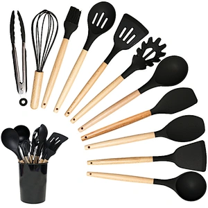 12pcs In 1 Set Wooden Handle Kitchenware Kitchen Accessories Set Non Stick Silicone Cooking Kitchen Utensil Set Tools