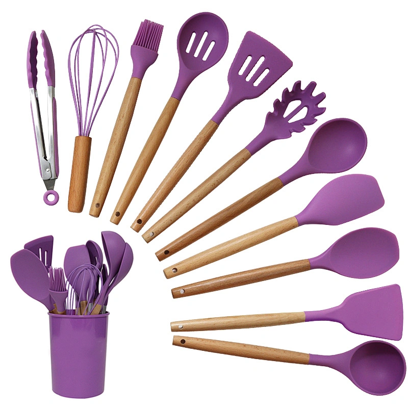 12pcs In 1 Set Wooden Handle Kitchenware Kitchen Accessories Set Non Stick Silicone Cooking Kitchen Utensil Set Tools