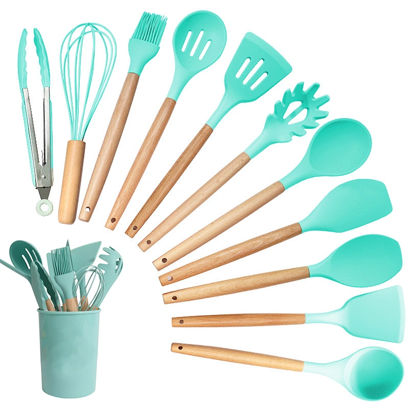 12pcs In 1 Set Wooden Handle Kitchenware Kitchen Accessories Set Non Stick Silicone Cooking Kitchen Utensil Set Tools